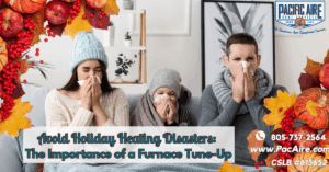 A family sitting on a couch, wearing heavy winter clothing and blowing their noses—illustrating the importance of ensuring reliable home heating with a furnace tune-up.
