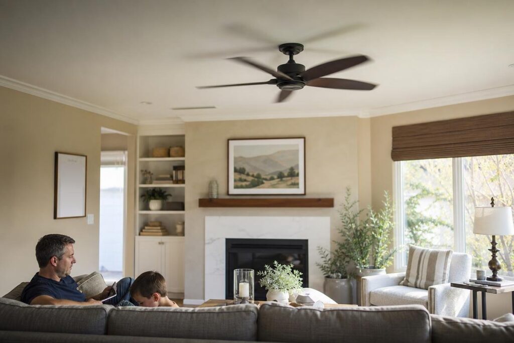 A man and a boy sit on a gray couch in a living room with a ceiling fan, fireplace, large window, and neutral decor.