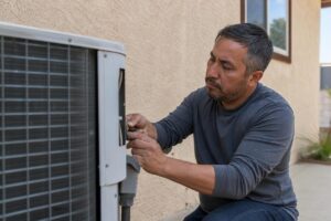 A man in a gray shirt repairs an outdoor air conditioning unit next to a beige building during the daytime.