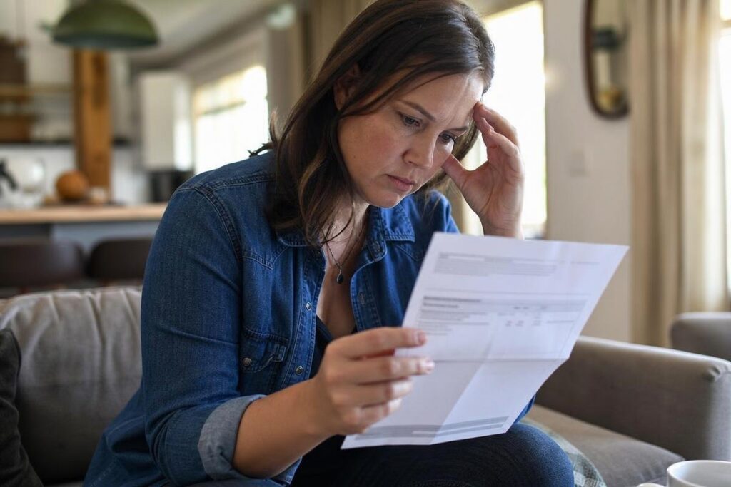 Woman sitting on a couch, wearing a denim shirt, looking concerned while reading a document or bill, with a kitchen and living area in the background.