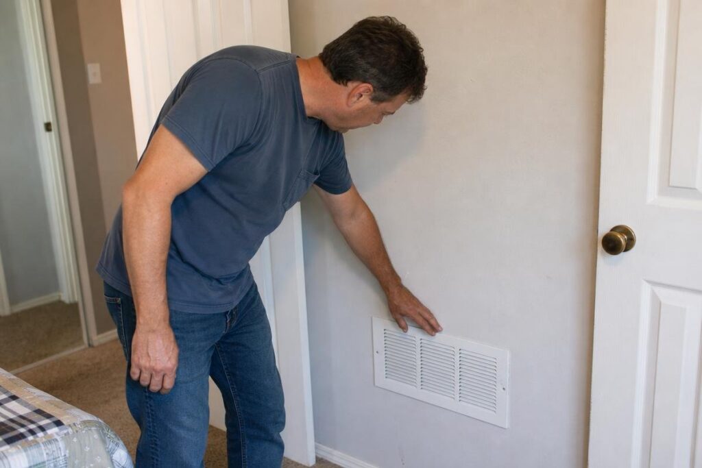 A man in a blue t-shirt stands indoors, inspecting or touching a vent cover on a beige wall near a door.