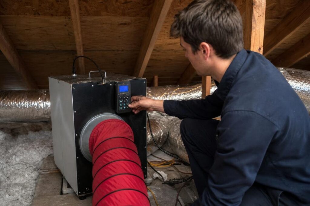 A technician operates a machine with a digital control panel and a red ventilation hose in an attic with exposed insulation and ductwork.