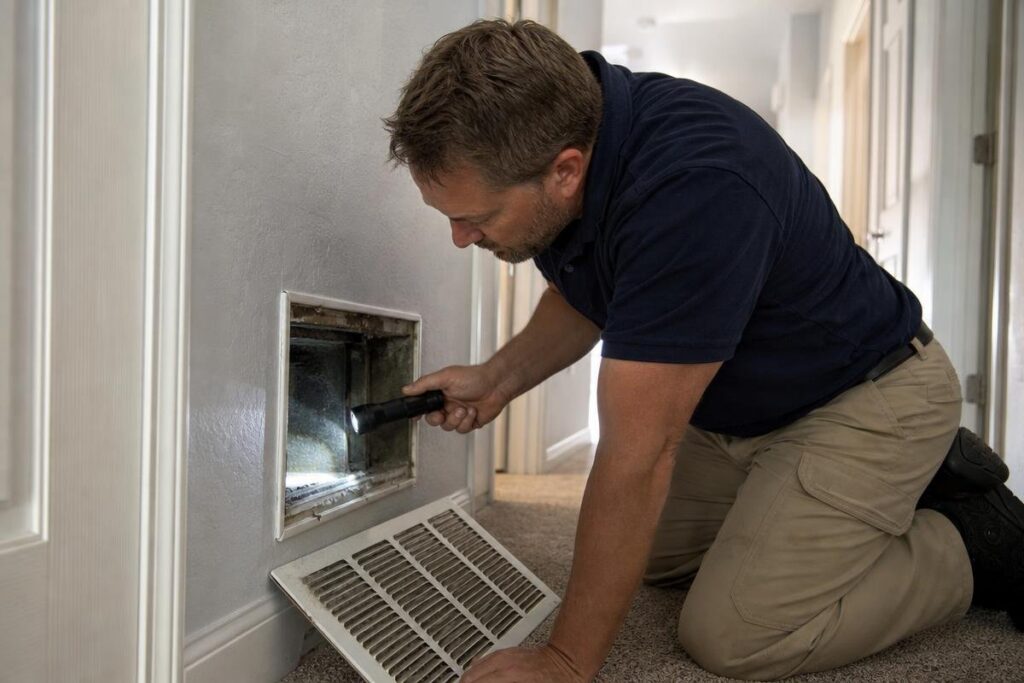 Man kneeling on carpet uses a flashlight to inspect an open wall vent, with the vent cover removed and placed on the floor in front of him.