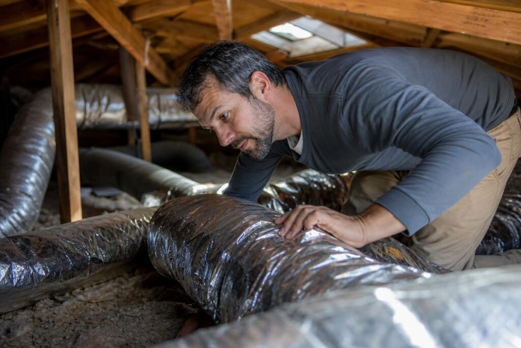 A man inspects air ducts in an attic, kneeling on insulation under a pitched wooden roof with exposed beams and ductwork.