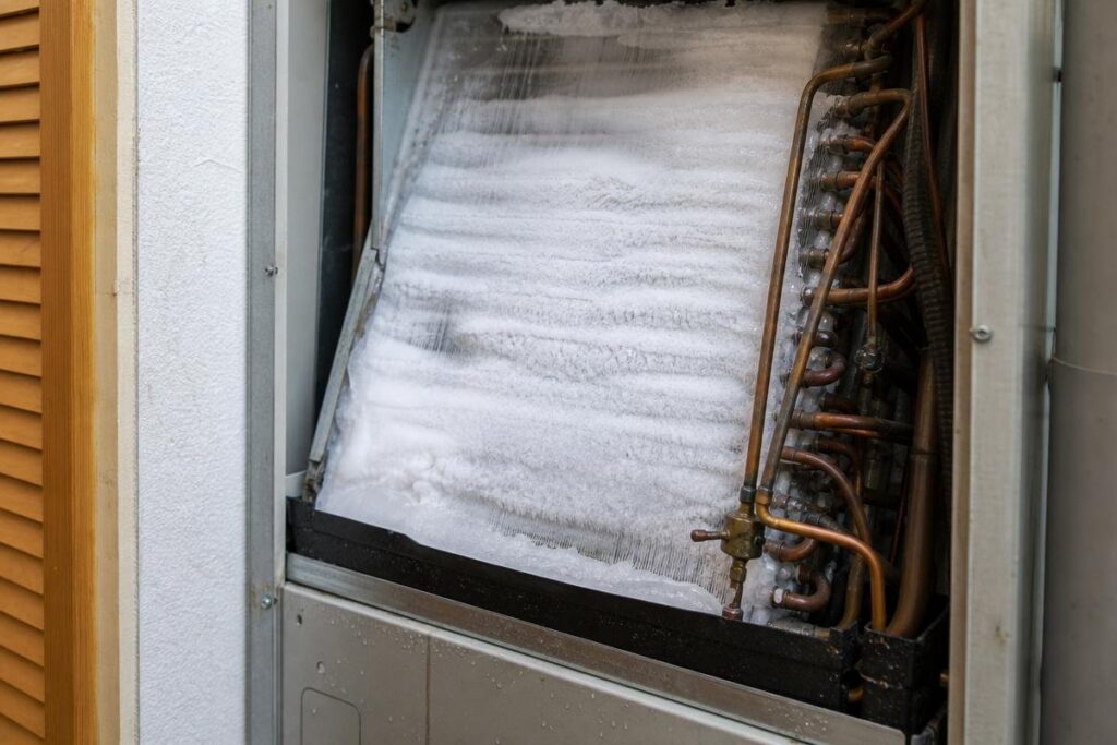 An HVAC unit with copper pipes is shown with its evaporator coil covered in a thick layer of frost and ice.