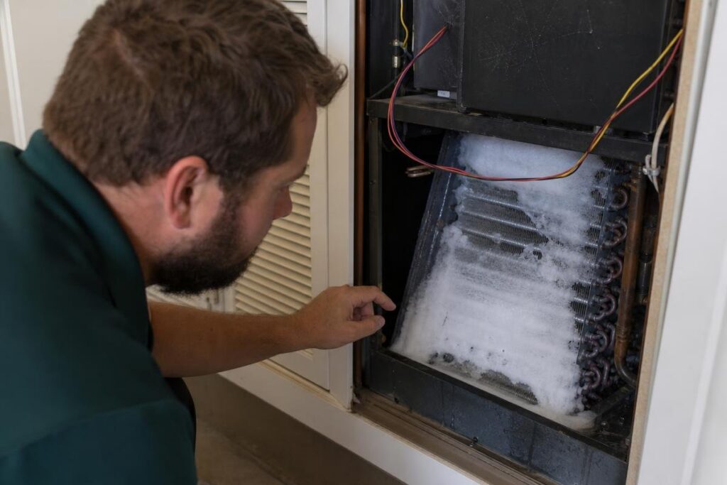 A man inspects a freezer coil covered in frost inside an open appliance panel.