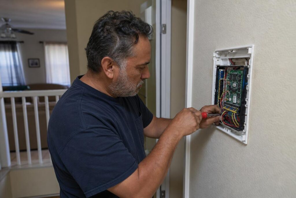 A man uses a screwdriver to work on the wiring inside an open electrical panel mounted in a wall of a residential home.