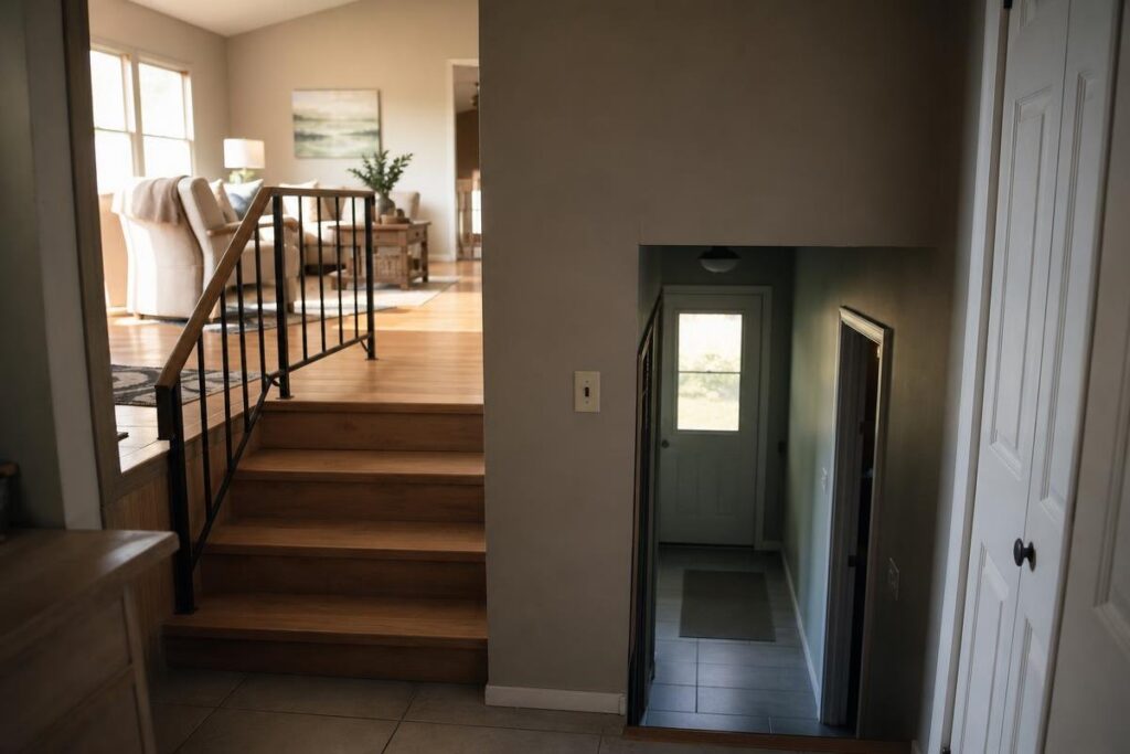 Split-level home interior showing stairs leading up to a living room with a sofa and stairs down to a door and hallway.