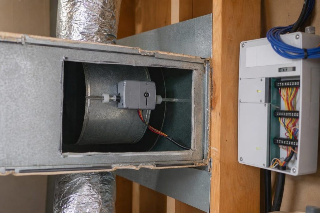 Exposed HVAC duct with a mounted sensor box next to an open electrical control panel, showing wires and components on a wooden wall.