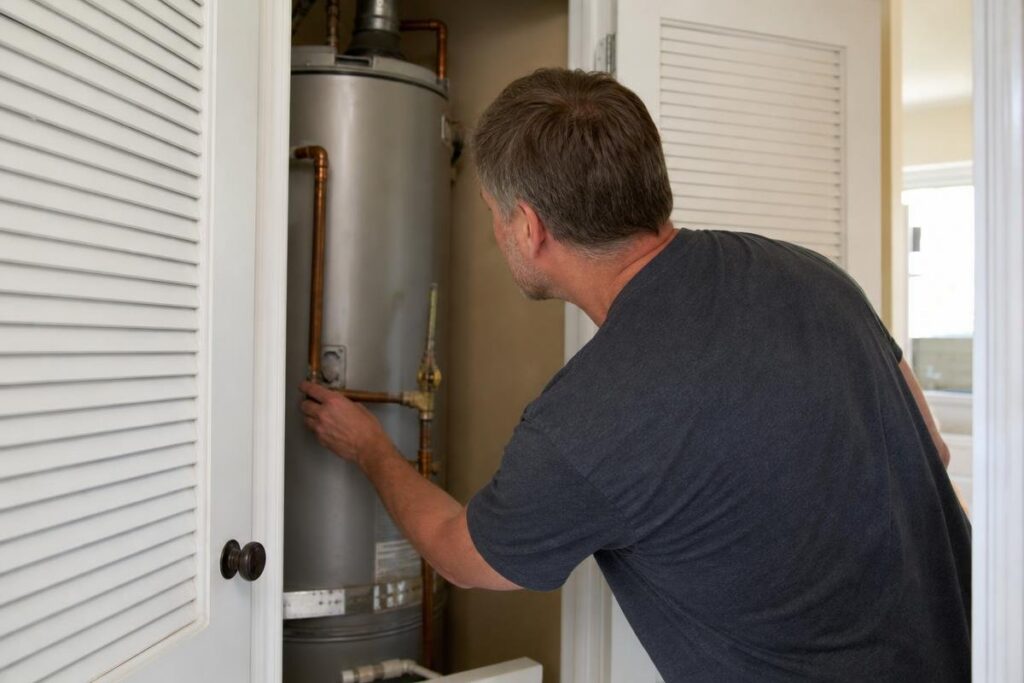 A man in a gray shirt inspects a water heater inside a small closet with white louvered doors.