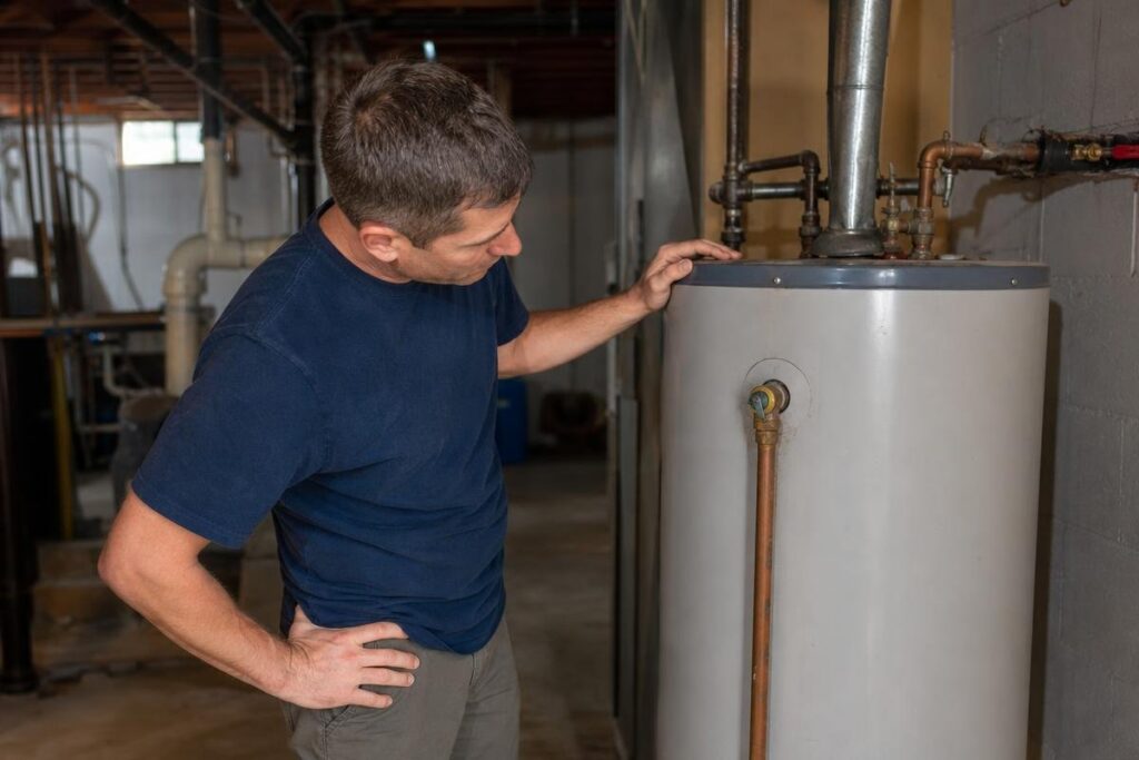 A man in a navy shirt inspects a water heater tank in a basement with exposed pipes and unfinished walls.