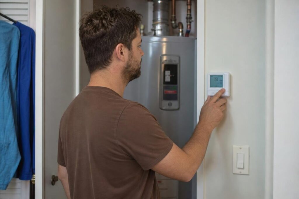 A man in a brown shirt adjusts a digital thermostat on the wall near a water heater in a utility closet.