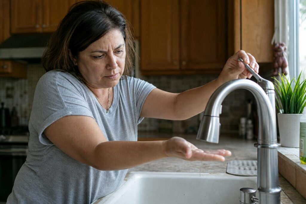 A woman in a gray shirt stands at a kitchen sink, checking the water from the faucet with her hand and looking concerned.