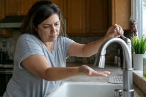 A woman in a gray shirt stands at a kitchen sink, checking the water from the faucet with her hand and looking concerned.